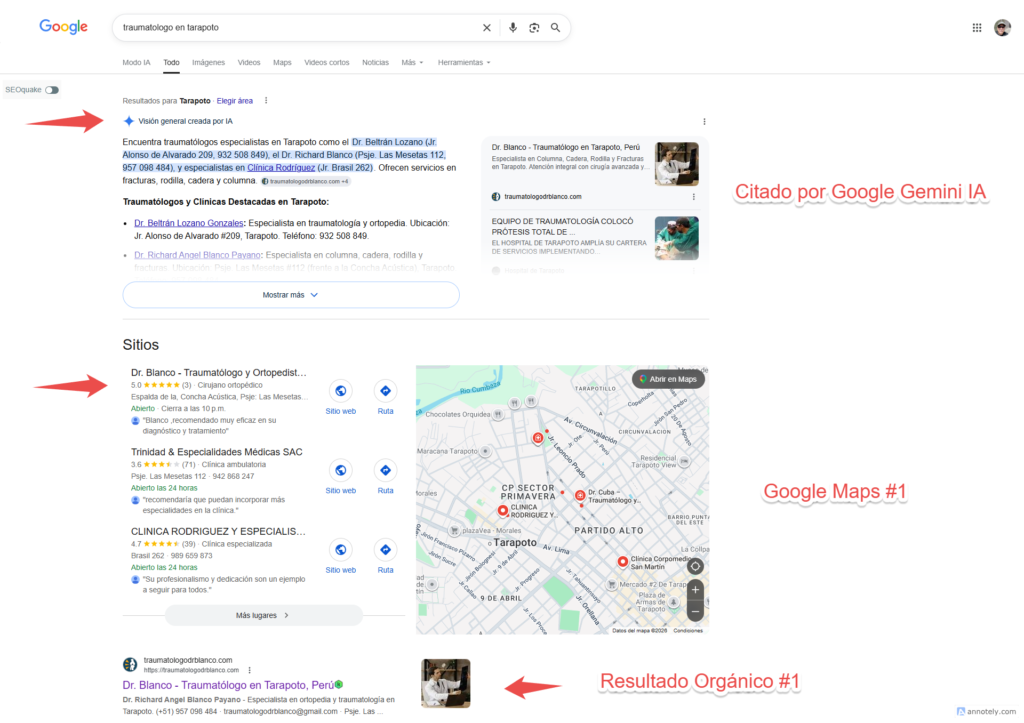 Dr. Blanco posición #1 en Google para traumatólogo en Tarapoto: citado por Gemini IA, Google Maps 3-Pack y resultado orgánico