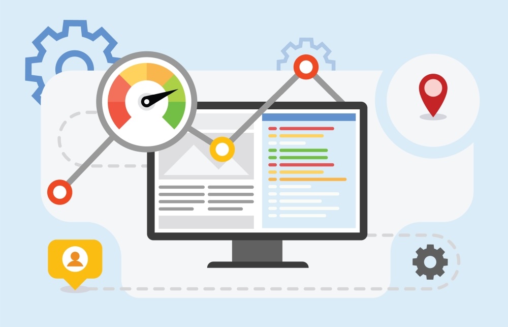Ilustración de un velocímetro que representa la velocidad de carga rápida de un sitio web para mejorar el SEO
